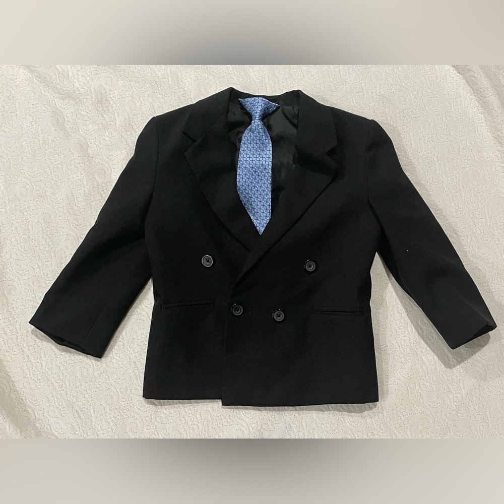 Amherst Black Double-Breasted Blazer Jacket with Clip on Blue Tie